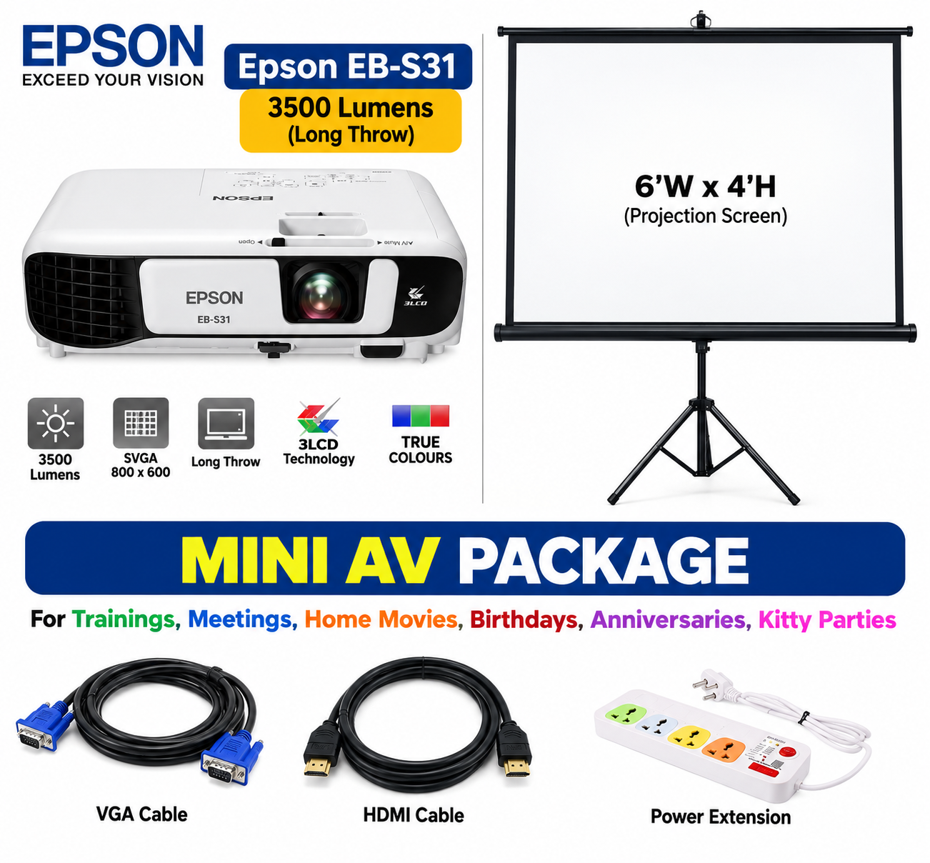 Projector & 6x4 Screen  — Projectors & Screens rental in Bangalore